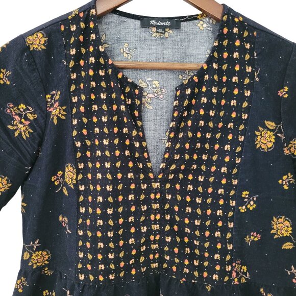 Madewell Corduroy Acorn Foulard Top Size XS Black Floral Short Sleeve AD674 - Picture 4 of 7
